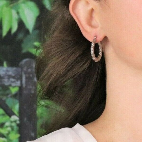 Sterling Silver Textured Hoop Earrings - Picture 2 of 7